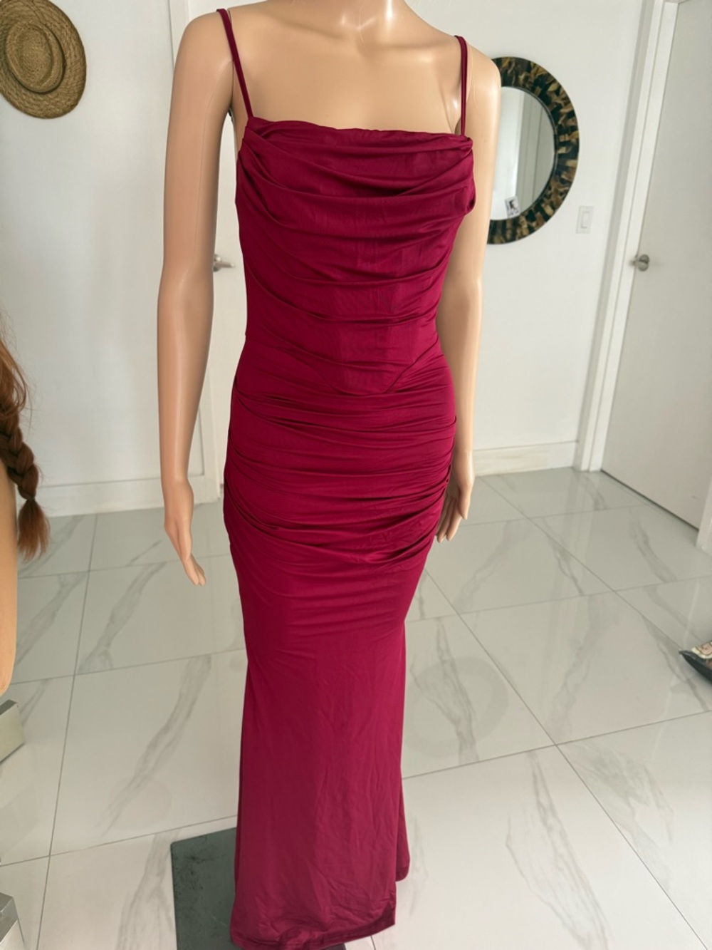 Ruched Spaghetti-Strap Maxi Dress in Deep Berry